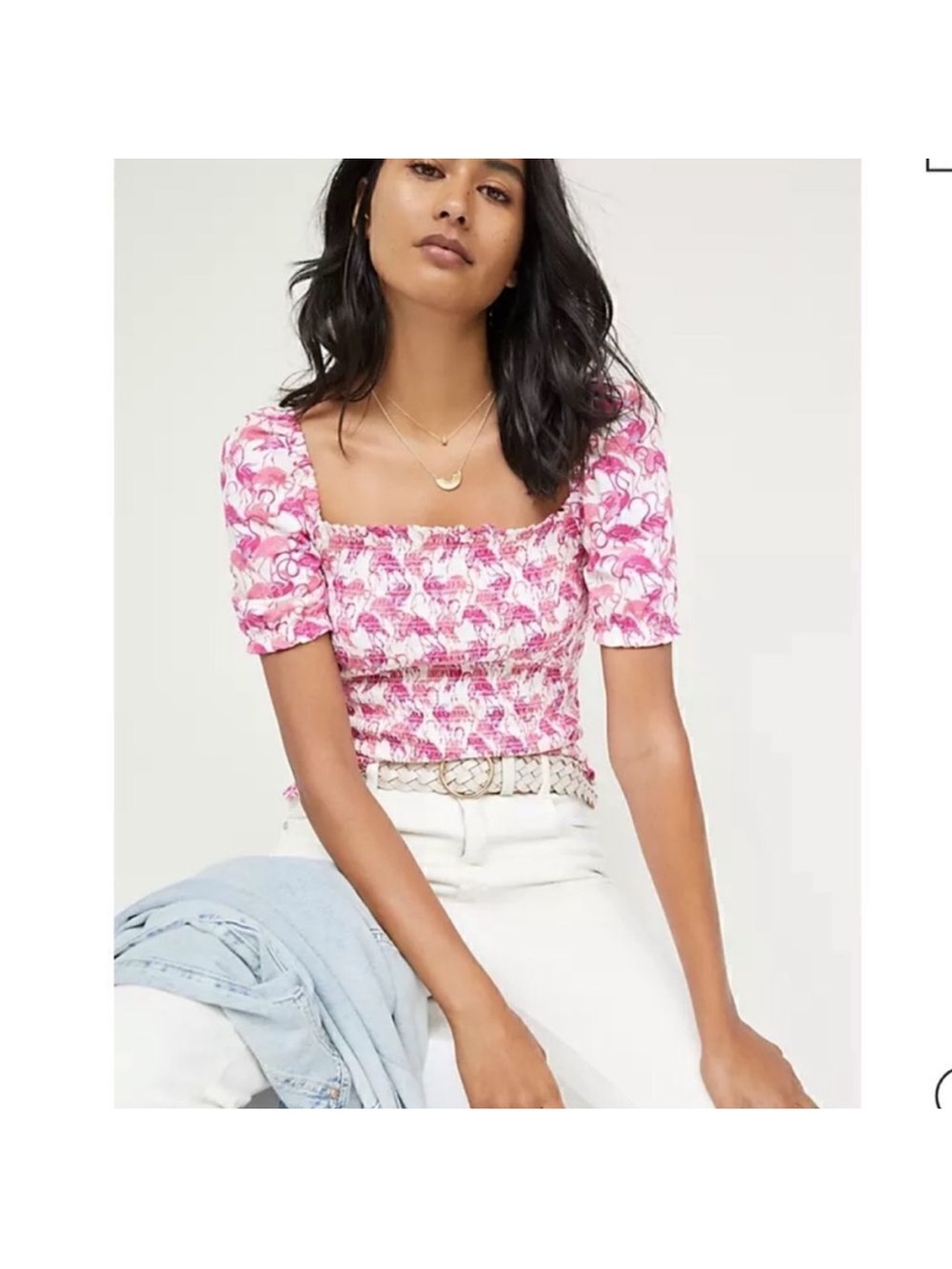 Dolan for Anthropologie Pink Flamingo Smocked Square-Neck Crop Top SZ M NWOT